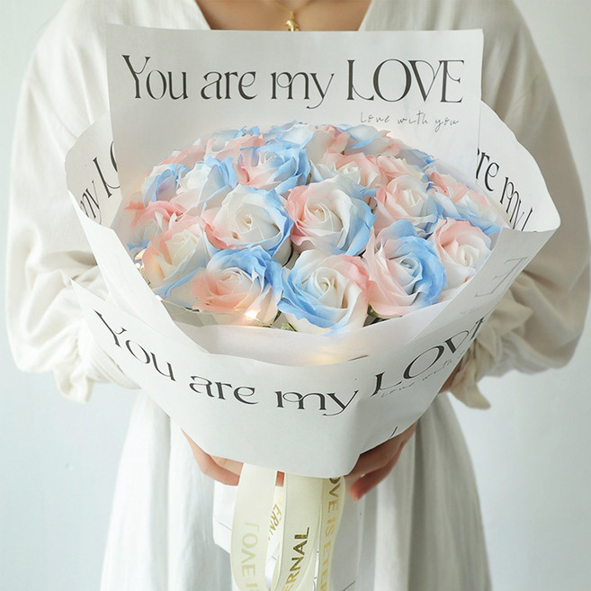 KEMEI 시들지않는 LED 비누 생화 꽃다발 프리저브드 장미 꽃다발 졸업, 블루핑크