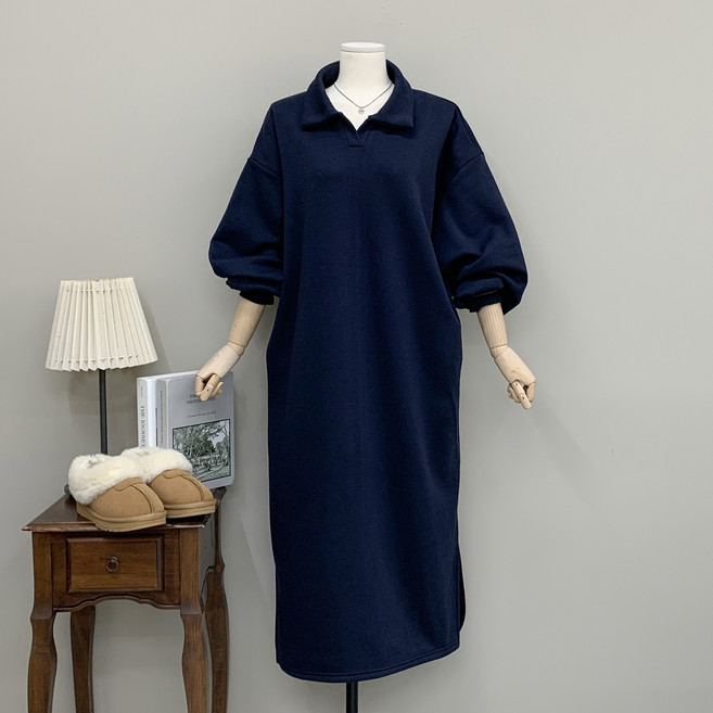 [행복여] 아몬 오픈 카라넥 루즈핏 캐쥬얼 기모 롱 원피스