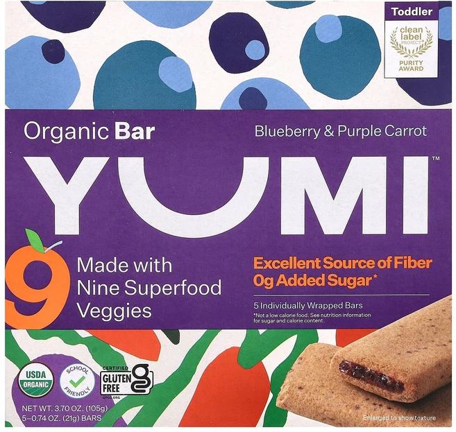 Yumi 유기농 바 토들러 블루베리 & 자색 당근 바 5개 개당 21g(0.74oz) Yumi (유미), Yumi, 유기농 바, 토들러, 블루베리 & 자색 당근 - 쿠팡