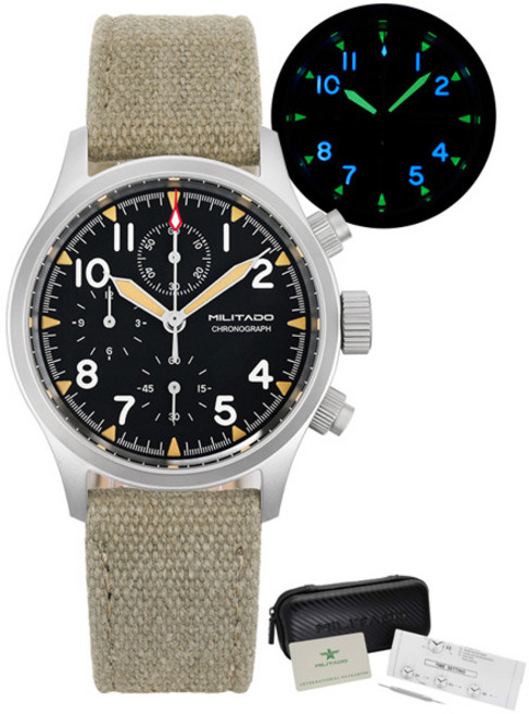 호환 Militado ML1868KF 쿼츠 3 다이얼 시계 VK67 크로노그래프 무브먼트 축광 시계 사파이어 100m 방수 손목시계, [04] GN Leather No Date
