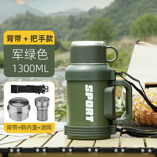 琪虎 大容量316不鏽鋼保溫壺 3000ML 軍綠色, 1個, 軍綠色1.3L（鋼內蓋+彈跳蓋）-送杯刷