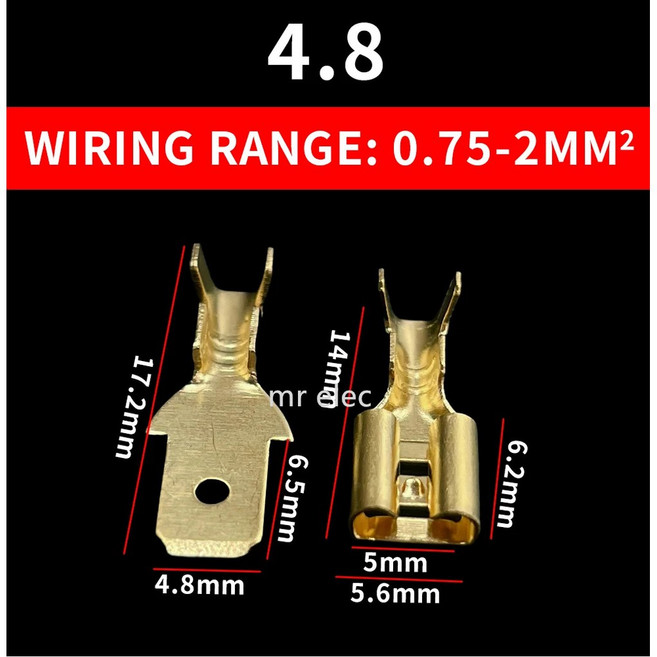 100Pcs 2.8mm 4.8mm 6.3mm 플러그 스프링 여성 남성 스페이드 콜드 크림프 터미널 자동차 스피커 전기 와이어 커넥터 세트, 100pcs female, 4.8mm golden