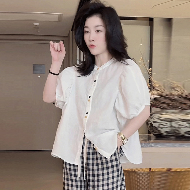 여성 오버핏 퍼프소매 반팔 셔츠