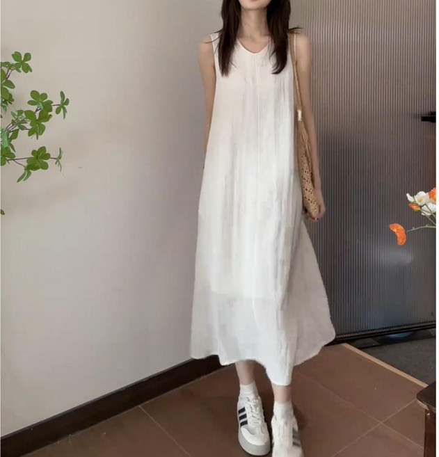 영메이 YM23482 여성 여름 원피스 빅사이즈 루즈핏민소매 브이넥 포켓 원피스