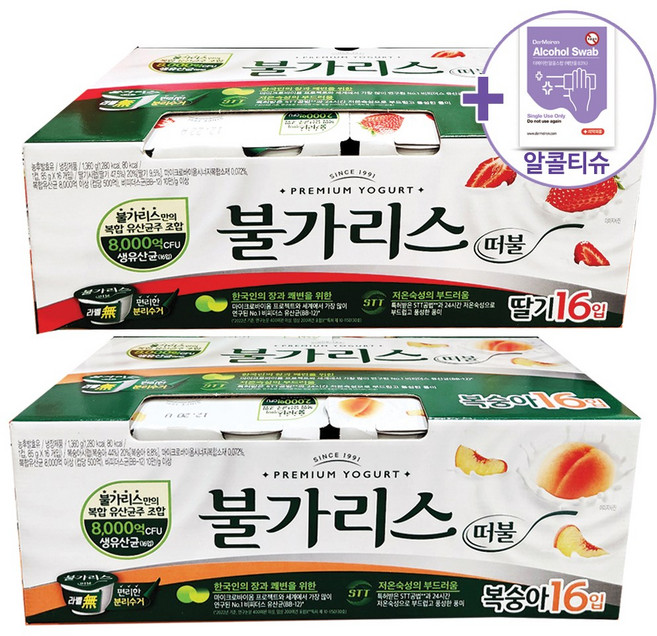코스트코 남양 떠먹는불가리스 85G X 16EA X 2BOX 딸기/복숭아 [아이스박스] + 더메이런알콜티슈, 2.복숭아 16개입 X 2BOX