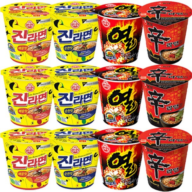 진라면 매운맛 3개+진라면 순한맛 3개+열라면 3개+신라면 3개 소컵 골라담기, 3개