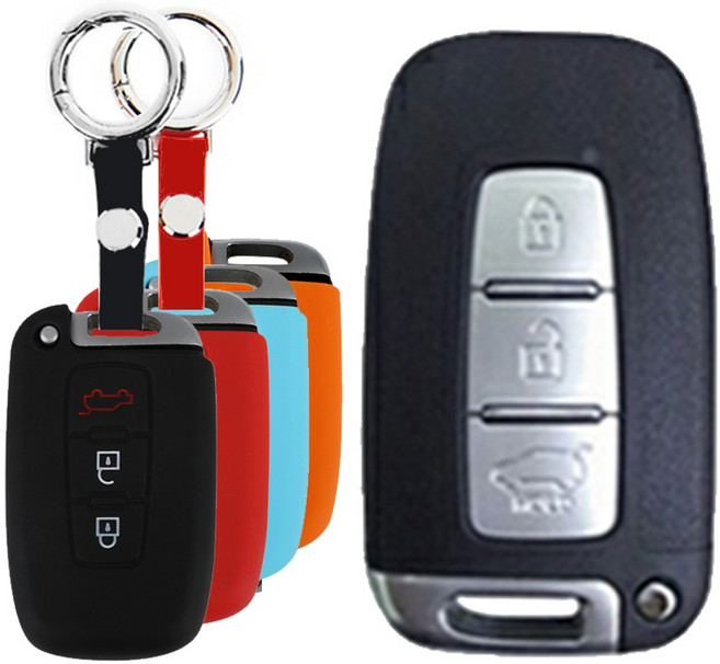 바이디지탈 현대 기아 호환 싼타페 벨로스터 엑센트 레이 올뉴 모닝 호환 3버튼 스마트키 / 실리콘 차 키홀더+후크 키링 세트, 실리콘 차키케이스+링후크, 레드