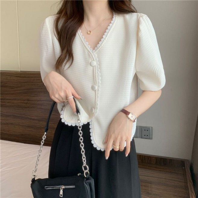 스타일아유 여성 여름 링클 퍼프 볼륨 브이넥 반팔 페플럼 가디건 블라우스