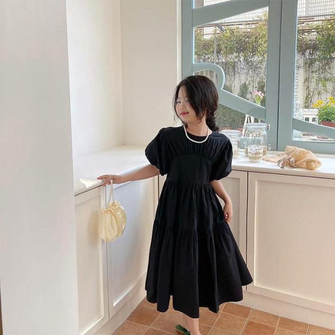 中大女童泡泡袖連衣裙 韓版 洋氣長裙 兒童公主裙