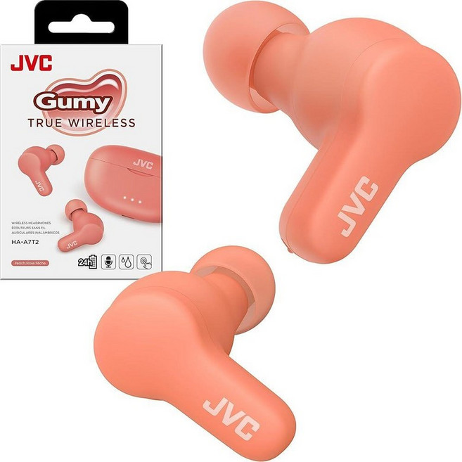 JVC Gumy 트루 와이어리스 이어버드 블루투스 5.3 충전 케이스 24시간 재생 IPX4 방수 XS/S/M/L 이어피스가 있는 편안하고 안전한 핏 통화 아이폰/, 핑크