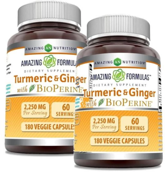 Amazing Nutrition Turmeric Ginger BioPerine 어메이징뉴트리션 강황 생강 바이오퍼린 180캡슐 2통, 2개, 180정 - 쿠팡