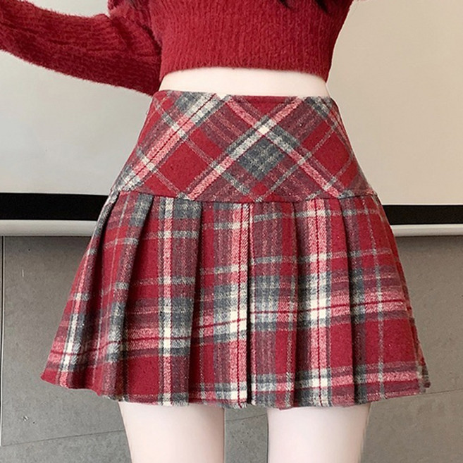 cammello 로맨틱 A라인 체크패턴 플리츠 미니스커트 가을 겨울 짧은 치마