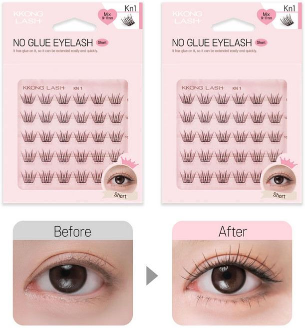 1+1 꽁래쉬 노글루 속눈썹 아이돌 가닥 속눈썹 kn1(플로이), 2개, 숏 9~11mm