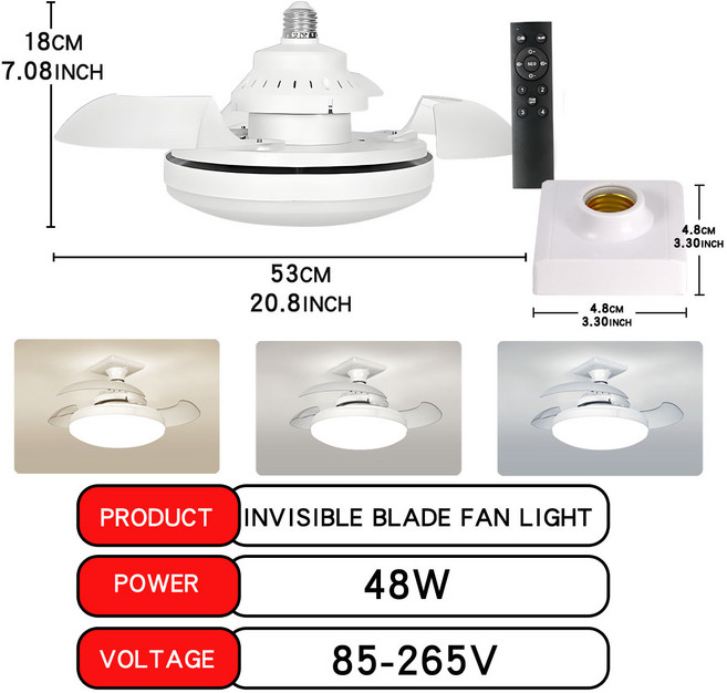 LED 30W 천장 팬 조명 E27 조광용 리모컨 포함 거실 연구 가정용 110-265V, 02 ceiling fan light-3