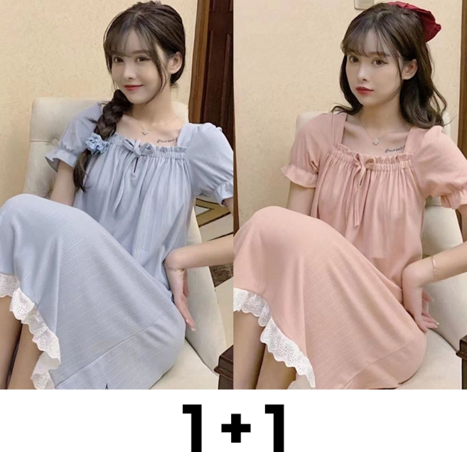 1+1 여성용 봄 여름 잠옷 원피스 봄가를 간절기 스판 반팔 실내복 데일리 루즈핏 심플 기질 패션 큐티 홈웨어 파자마 스커트 2매입