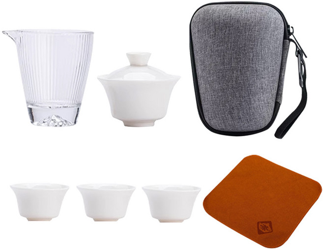 7종 휴대용 다기 세트 전용 파우치 포함 차 다도 찻잔 여행용 도자기 개완 티팟 유리 다구 고급 다기잔, R99860A(7종, 개완1개+공도배1개+찻잔3개+파우치1개+타월1개, 1세트