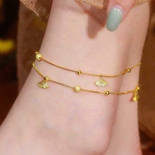 시르겜스 여성용 14k 도금 은행잎 행운의 구슬 두줄 발찌 DD-004