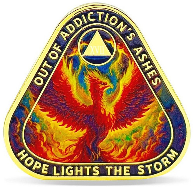 17 Year Phoenix Rebirth Triangle Sobriety Coin – Rising from Ashes NA Medallion – Spiritual Token