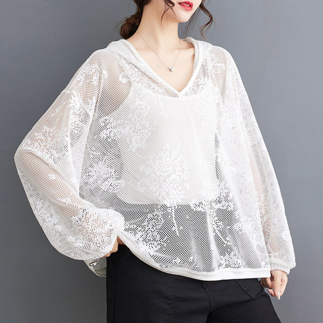 별후이 여성용 여름 빅사이즈 펀칭 루즈핏 블라우스 긴팔 자외선 차단 후드 티셔츠 AH06J