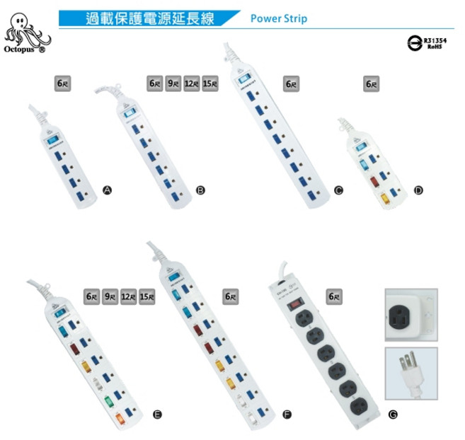 Octopus 過載保護電源延長線, 1個, 4開3插3孔6尺