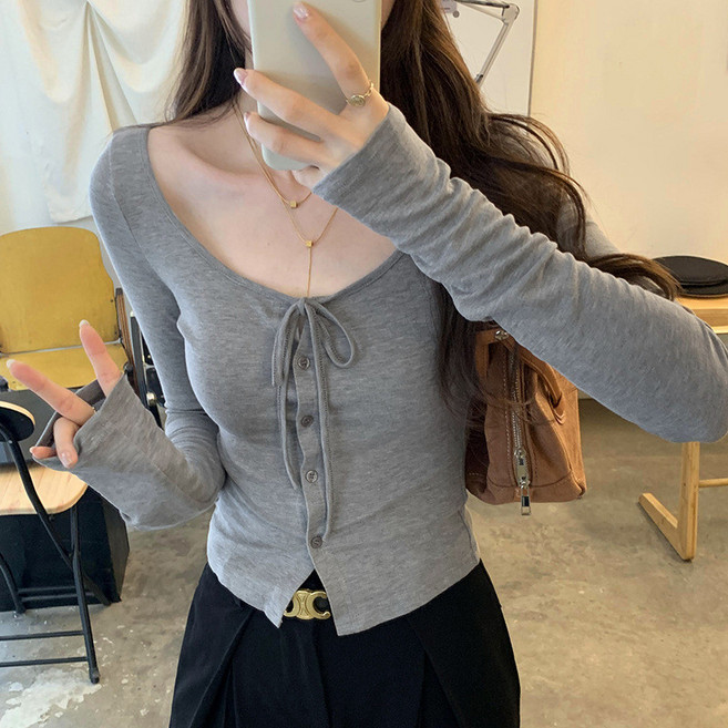 U領長袖T恤女 純慾風系帶設計 大領口修身內搭上衣
