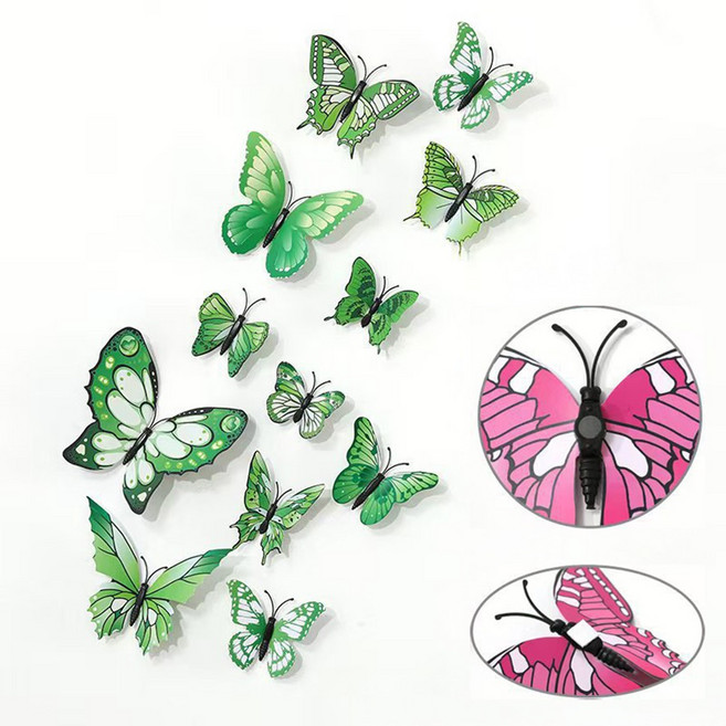 미즈코스 3set 12p 자석부착 입체 나비 포인트 스티커 3d 벽지 데코 아이방 벽장식, 그린