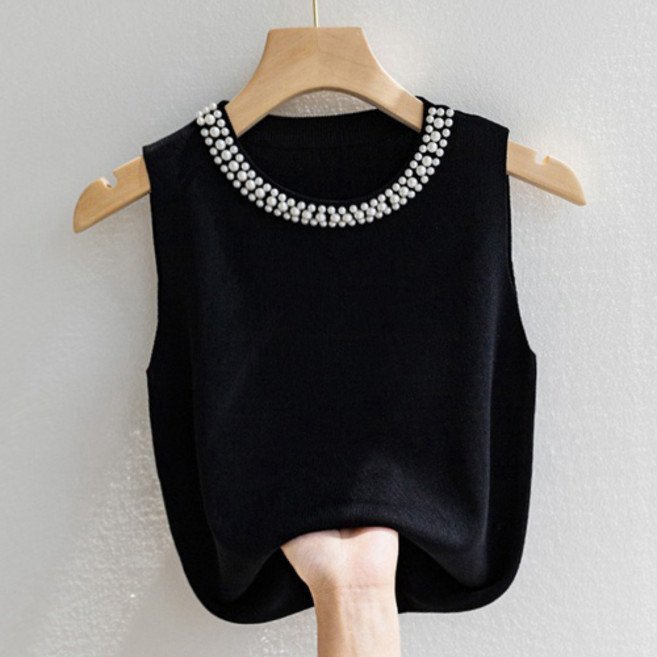 여성 진주 라운드 크롭 니트 이너 레이어드 민소매 나시 탑 W828