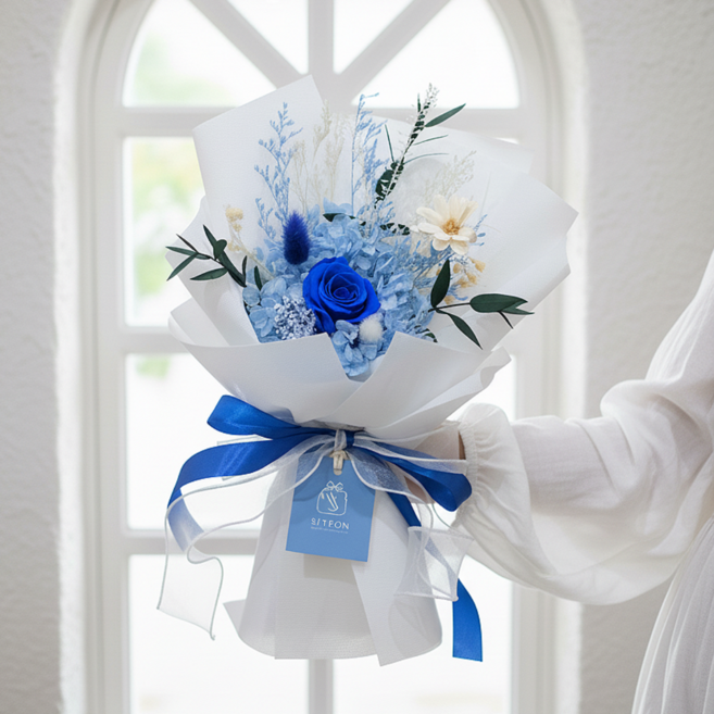 시들지 않는 프리저브드 생화 꽃다발 드라이 플라워 부케 쇼핑백 포함, 오션 블루