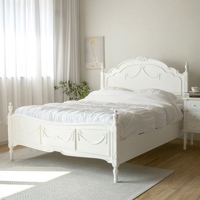 피어젠가구 엠버 프렌치 엔틱 퀸 침대 화이트, 엠버 침대프레임+하드타입 매트리스