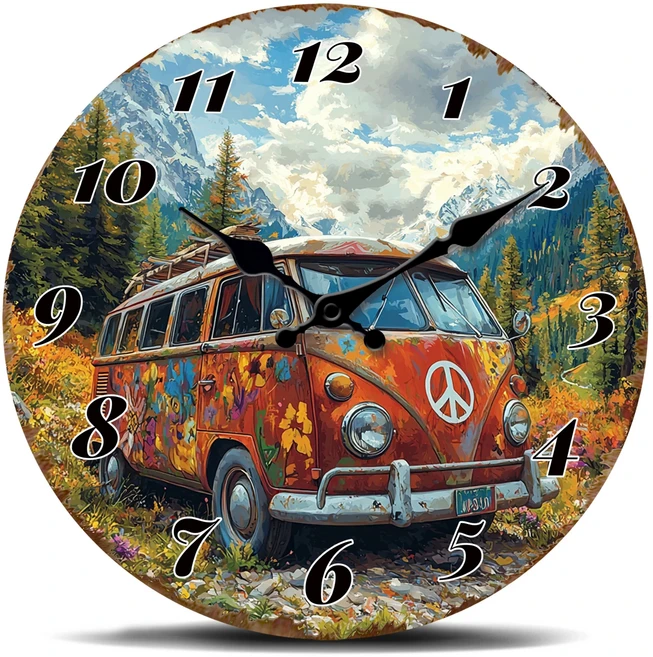 산악 풍경 벽시계의 히피 밴 화려한 복고풍 VW 버스 디자인 원형 L용 자연 장식용, 02 14인치, 01 MDF08766