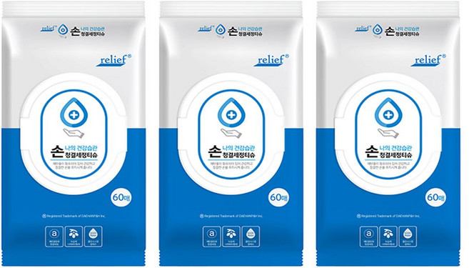 릴리프 손청결 세정티슈 캡형, 60매, 3개