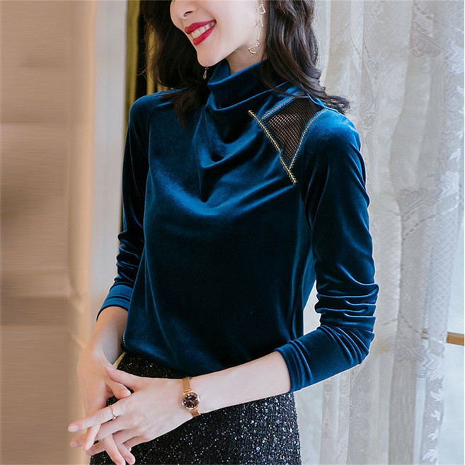 TKX 여성 벨벳 긴팔 티셔츠 고급스럽고 우아한 스타일 가을 겨울 간편 스타일