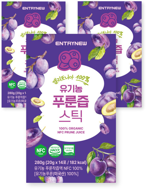 엔트리뉴 100% 유기농 푸룬즙 스틱, 3박스, 280g