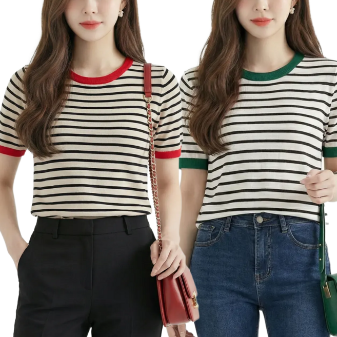 바이로이 1+1 여성 스트라이프 배색 니트 반팔