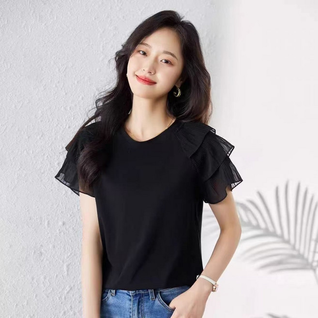 패션고리 여성 라운드넥 반소매 레이스 패션 블라우스 H1145