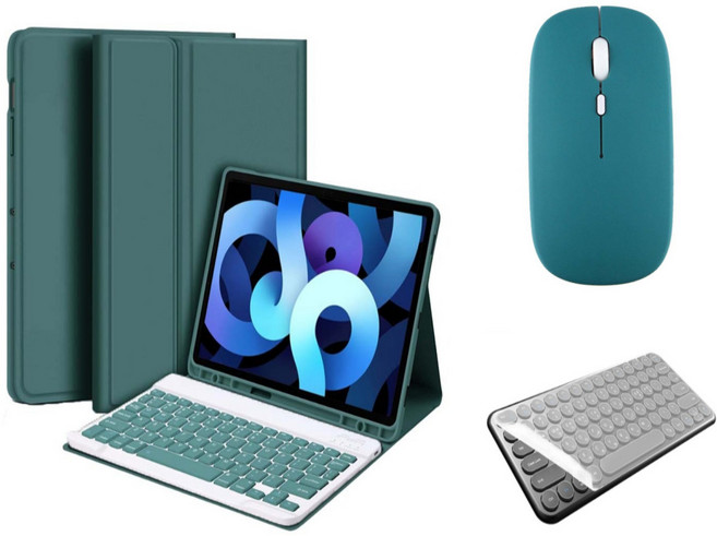 아이패드 호환 에어 프로 미니 1/2/3/4/5/6/7/8/9/10 세대 M2 M4 펜슬 수납 블루투스 키보드 케이스 무선 마우스 세트 iPad Pro Air Mini 케이스나라, 다크그린