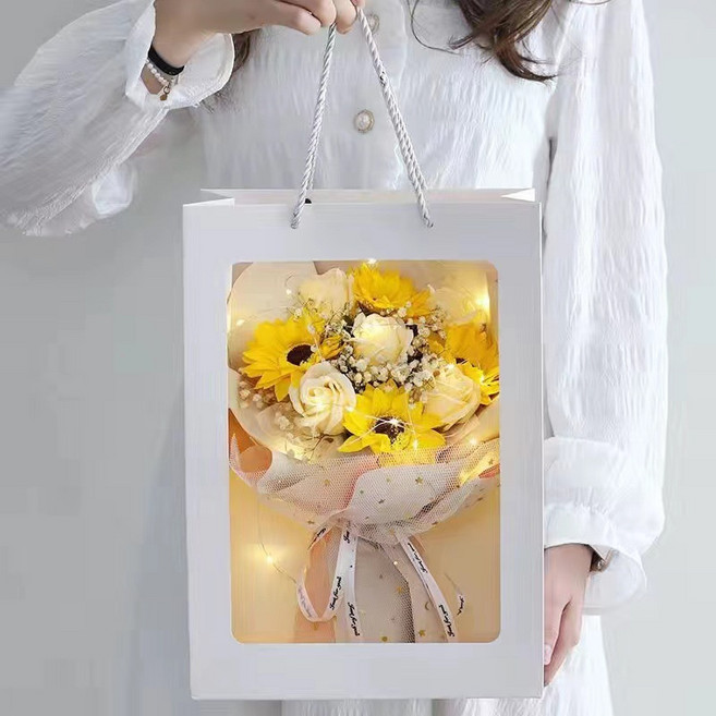 教師節滿天星乾花向日葵香皂花永生花創意花束送男女朋友生日禮物, 滿天星 向日葵 玫瑰:帶燈