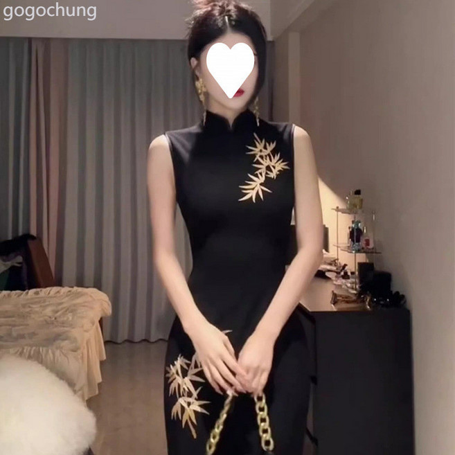 新中式複古改良旗袍2025新款春夏裝高端修身長款國風黑色連衣裙女, 黑色,M建議【47.5-52.5kg】
