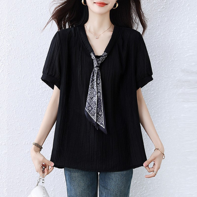 쑤야 1830 여성 반팔 스카프 타이 블라우스 빅사이즈