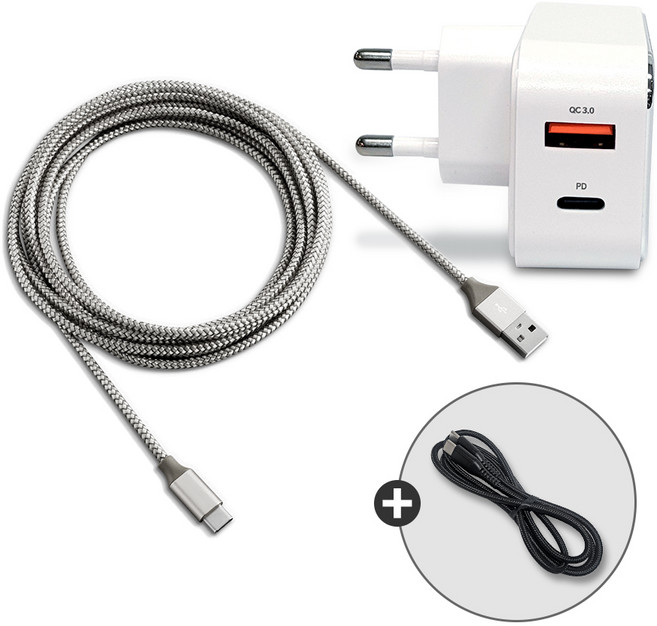 USB C타입 충전기+고급 메탈 3m 케이블+CtoC 블랙 초고속 충전 케이블 세트, 1개, 화이트(충전기)_실버(케이블1)_블랙(케이블2)