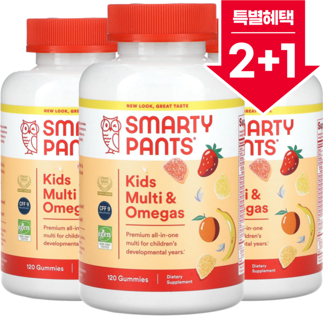 2+1 스마티팬츠 키즈 포뮬라 종합 비타민 및 오메가3 딸기 바나나 오렌지 레몬맛 구미젤리 120개 / 해외직구 미국정품, 3개, 120정