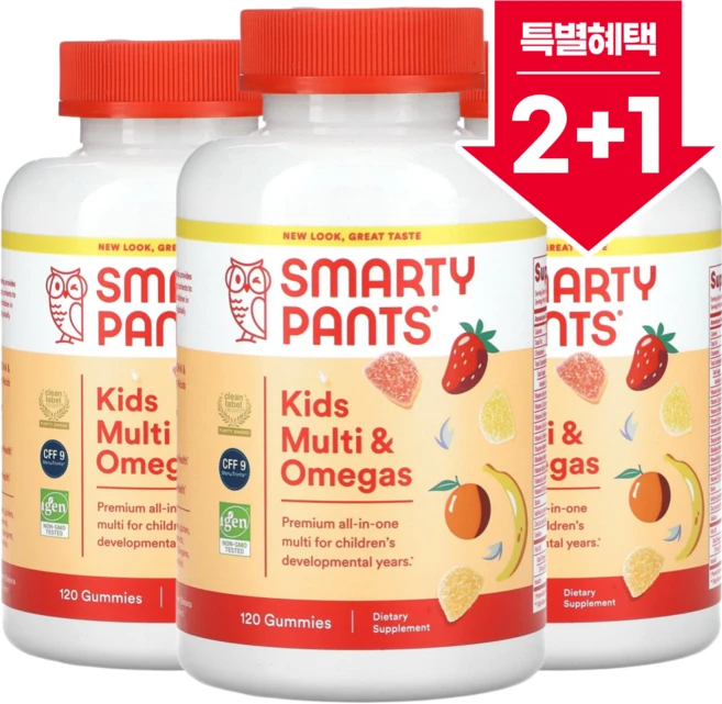2+1 스마티팬츠 키즈 포뮬라 종합 비타민 및 오메가3 딸기 바나나 오렌지 레몬맛 구미젤리 120개 / 해외직구 미국정품, 3개, 120정 - 쿠팡