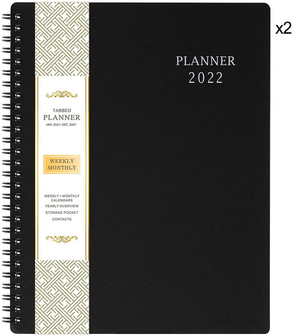 2022년 다이어리 12개월 플래너 주간월간 수첩 x 2통 25x20cm, 블랙