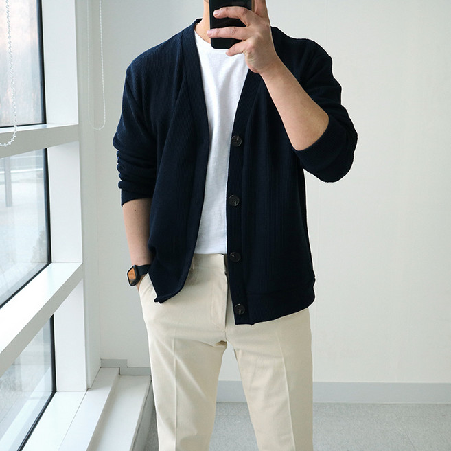 [맨즈북] M-3XL 부드러운 남자 봄 니트가디건 스판 루즈핏 데일리 캐주얼옷
