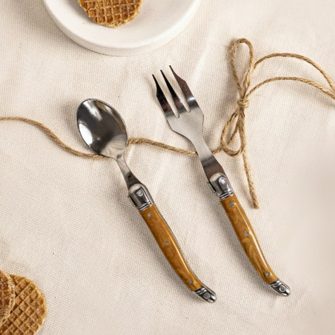 장네론 라귀올 티세트 2P 세트 디저트 티스푼 티포크, 1개, 티스푼 + 티포크, 마블브라운