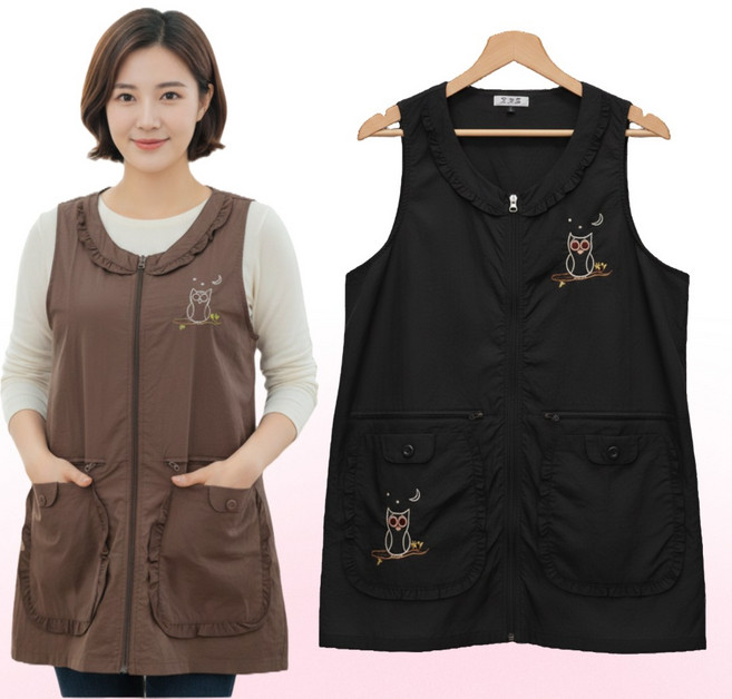 위키란쥬 부엉이 일반 지퍼 앞치마, 검정