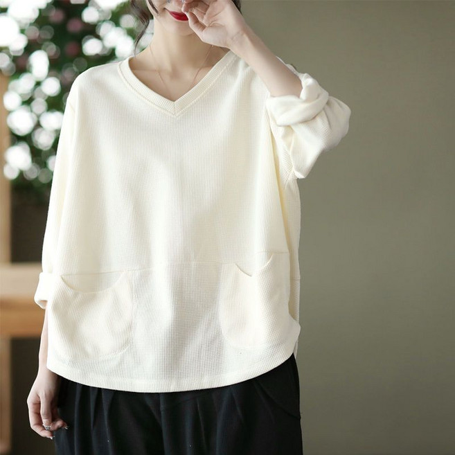 Makone 여성 와플무늬 브이넥 긴팔 티셔츠 풀오버 스티칭 캐주얼 박시핏 긴소매 티