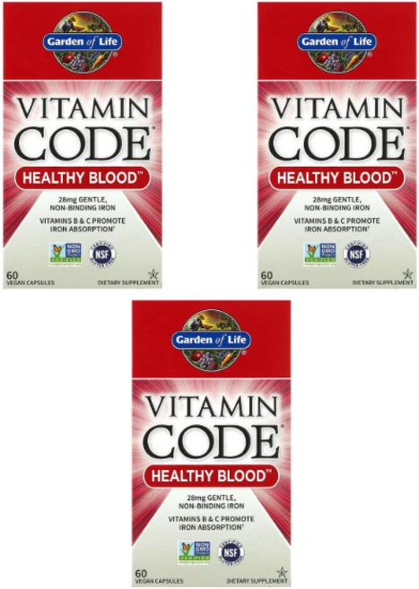2+1 가든오브라이프 비타민코드 건강한 혈액 60캡슐 비타민 C 맥주효모균 B6 B12 철분, 3개, 60정 - 쿠팡