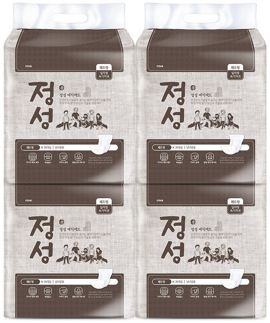 정성 남녀공용 매직패드 일자형 속기저귀 패드형, 30매입, 4개, FREE(onesize)