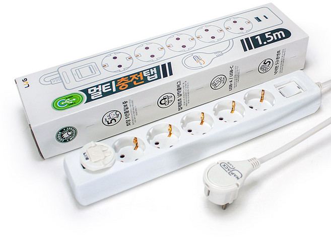 러그박스 3/5구 납작플러그 고속충전 USB C타입 고용량 3680W 멀티탭 1.5M/ 3M, 1개, 5구 화이트, 1.5m